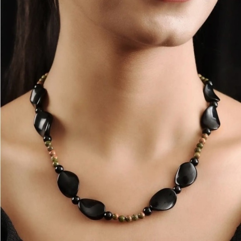 Sterling Silver Black Agate & Unakite 20” Necklace